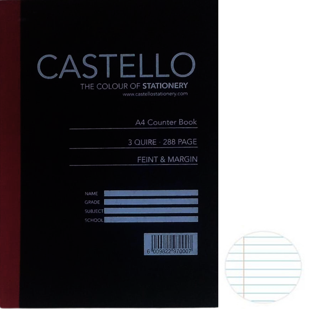 A4 Hardcover 3 Quire Feint And Margin 288 Pages, Castello