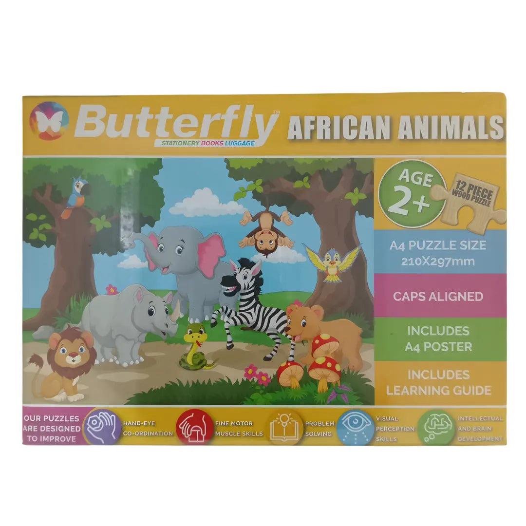 African Animals Wooden Puzzle 12pc BUTTERFLY