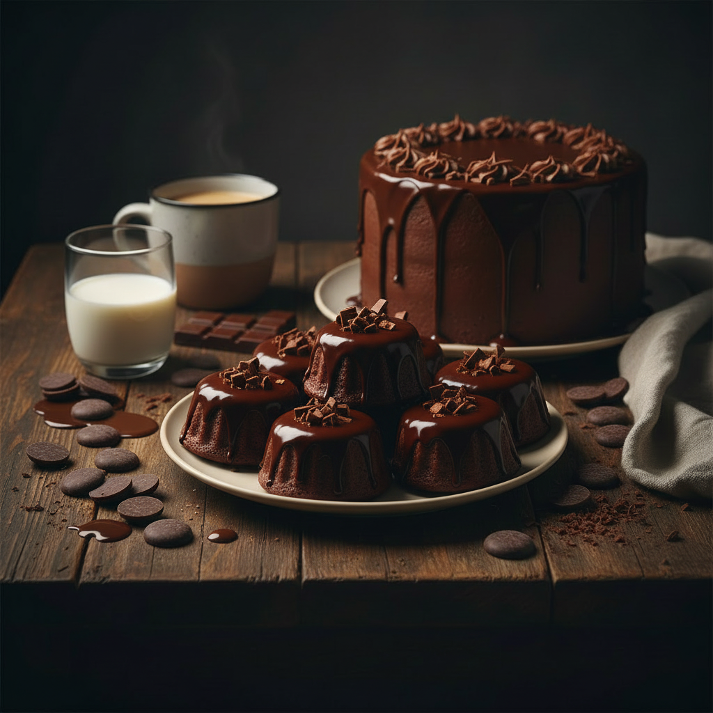 A styled food scene on a rustic wooden table with a chocolate chip cookie plate in the foreground, a milk-and-coffee cup behind it, and a chocolate cake on a plate in the background. No people or animals are present, and this is not a chart, swatch, instruction diagram, or placeholder.