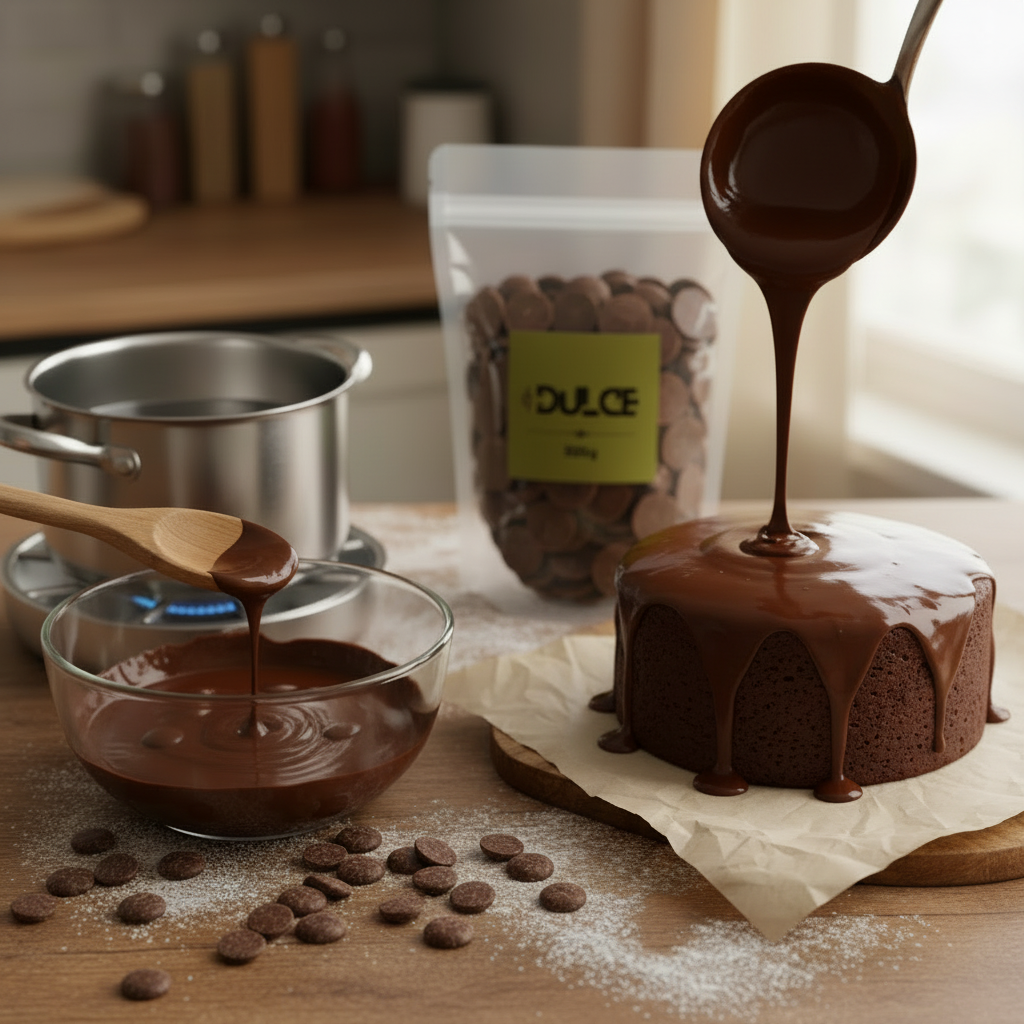 A clear stand-up pouch labeled DULCE chocolate chips stands on a wooden table beside a glass bowl of melted chocolate, a metal pot on a burner, and several chocolate chip cookies on parchment paper.