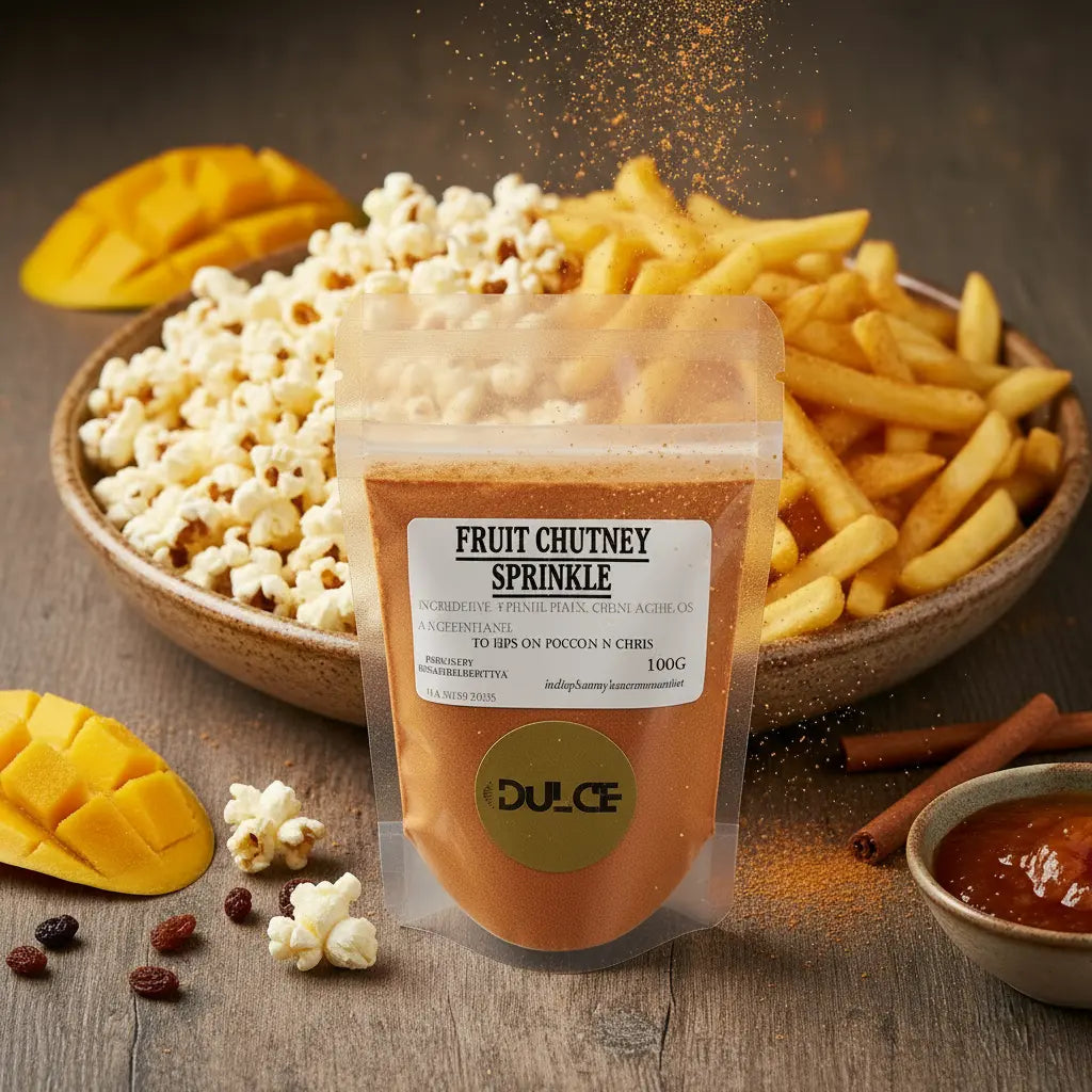 Packaged fruit chutney sprinkle with mangoes, apricots, and cinnamon on a wooden surface
