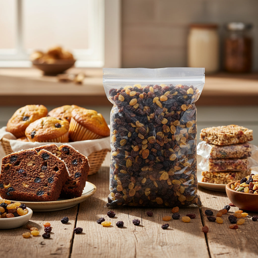 Clear bag filled with raisins on a white background