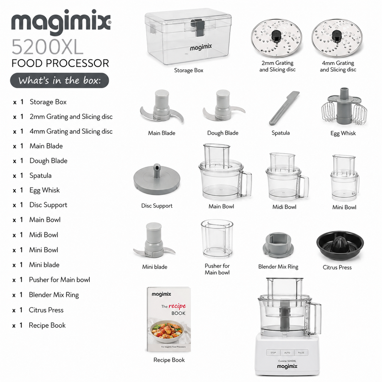 Magimix 5200XL food processor bundle kit showing the main white food processor with multiple clear and black accessories arranged on a white background, plus a text list of what's included.