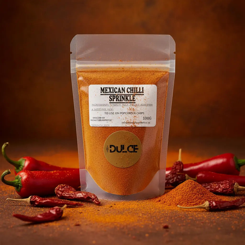 Packaging of Mexican Chilli Sprinkle with peppers on a brown background