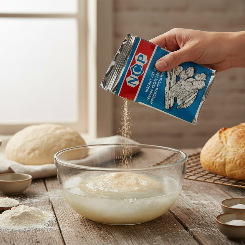 Person pouring flour from a can into a bowl with bread and other ingredients on a wooden table.