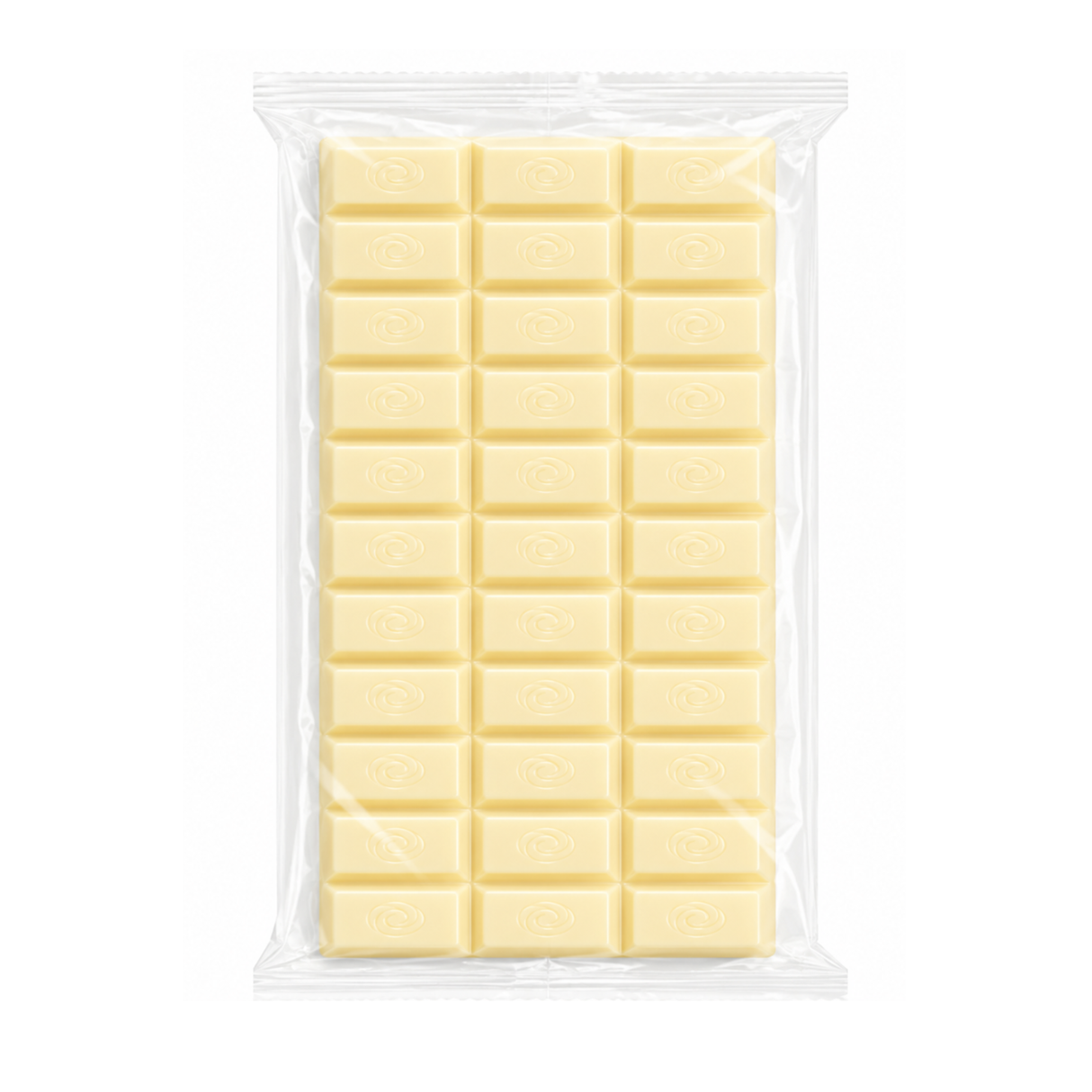 A packaged bar of pale yellow chocolate in a clear plastic bag, centered on a plain white background.