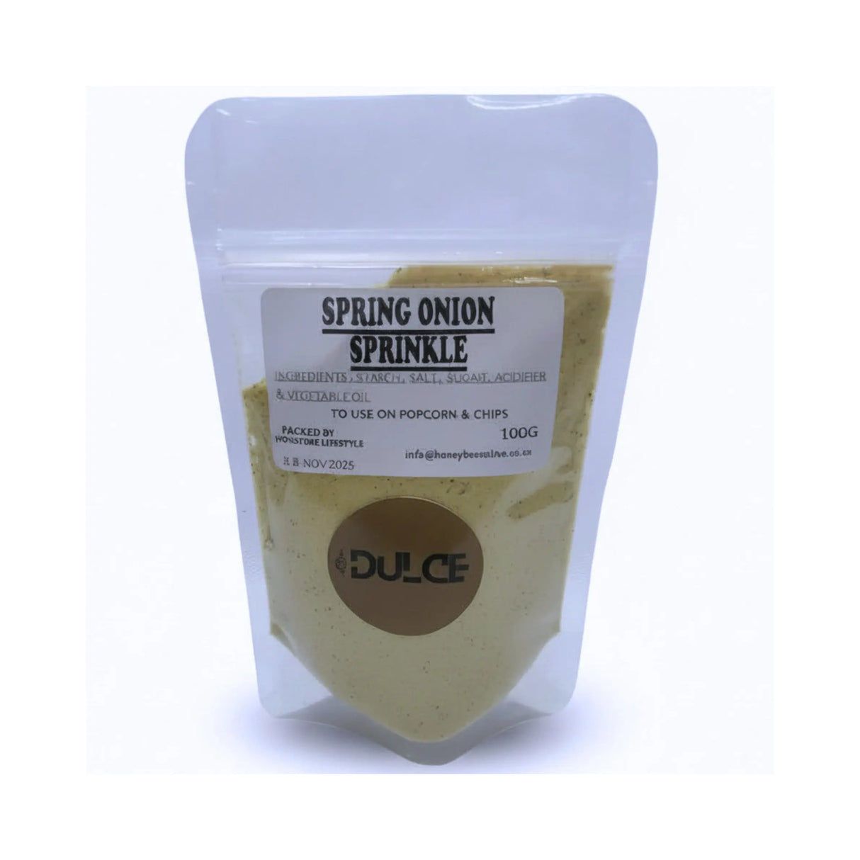 Packaged spring onion sprinkle with Dulce branding on a white background
