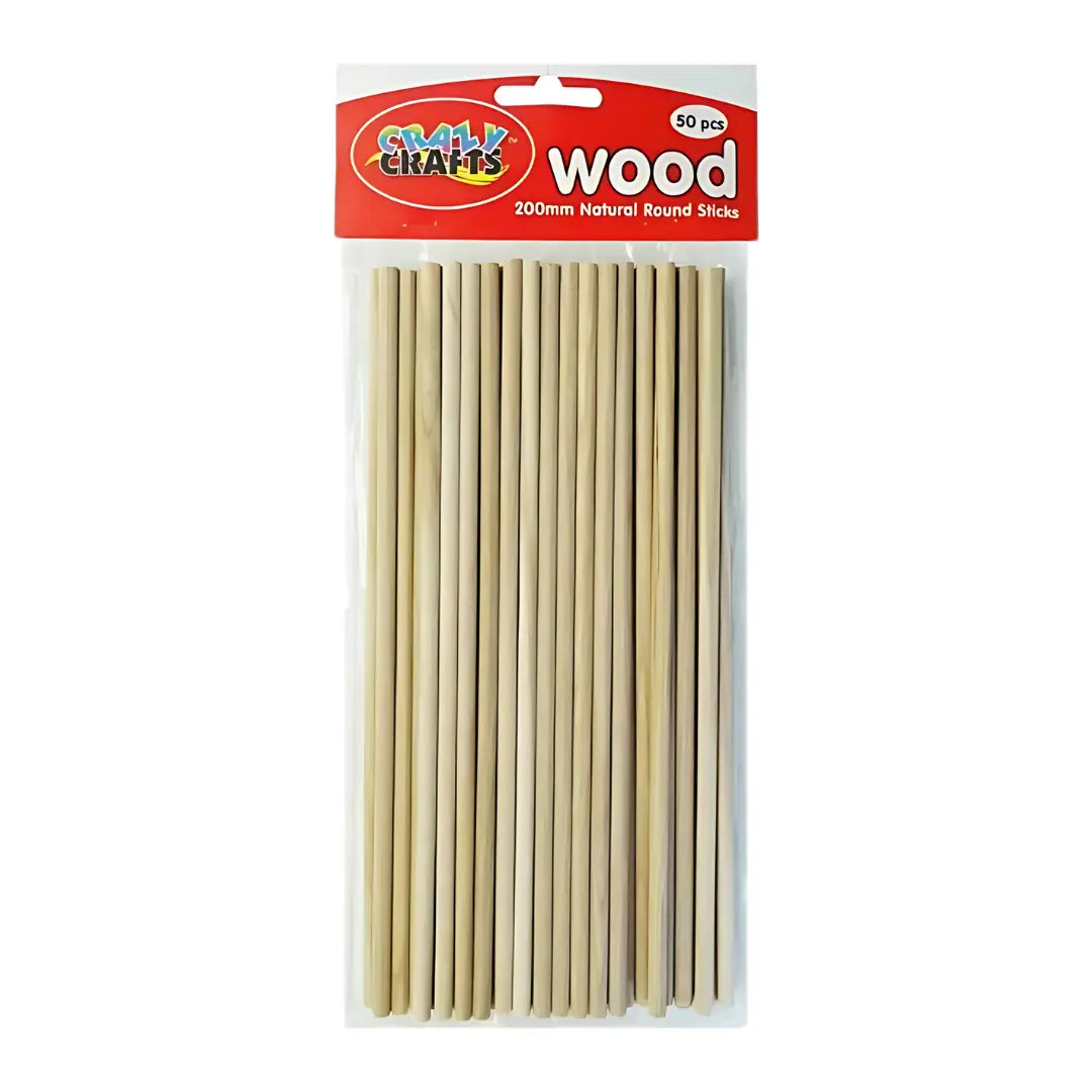Crazy Craft Wood Sticks - Round, Plain, 200mm, 50s Crazy Crafts