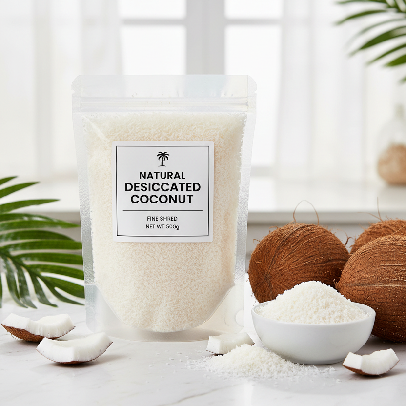 Desiccated coconut package with a bowl of coconut pieces on a light background