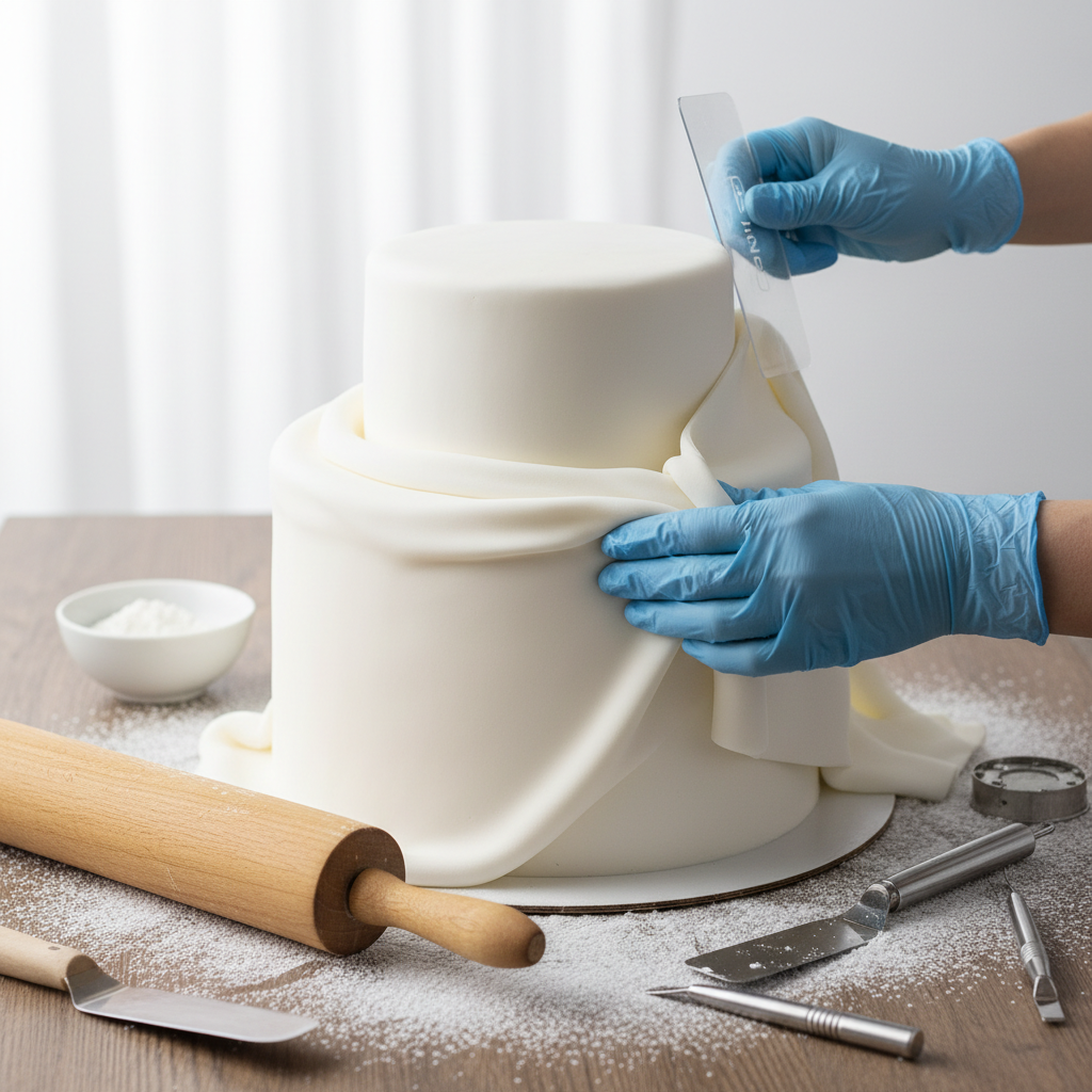 Person decorating a cake with white fondant on a table with baking tools.