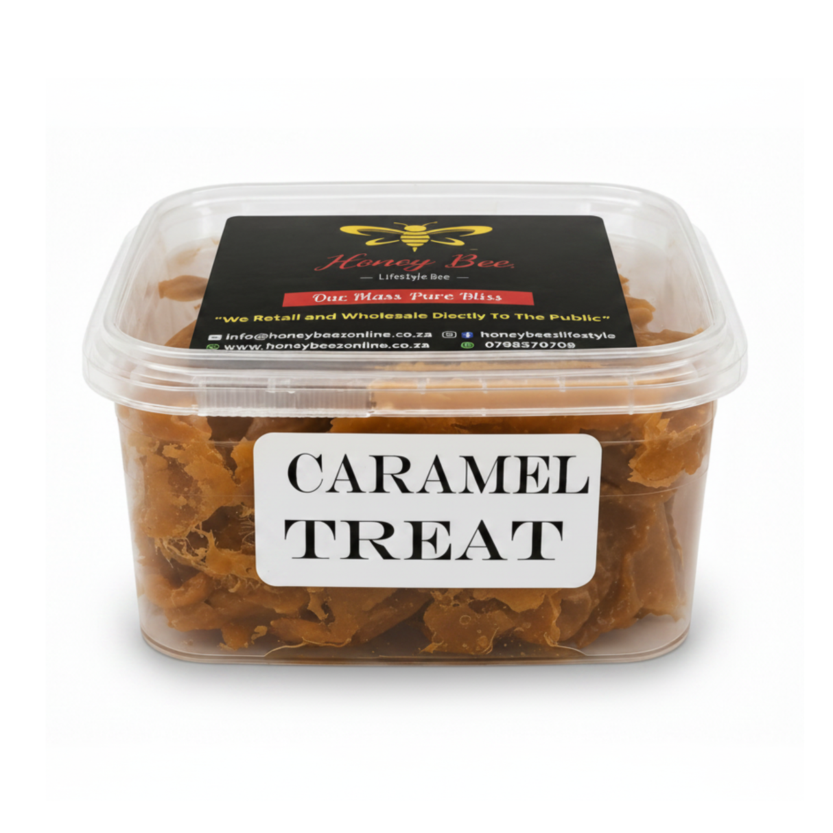 A clear plastic tub of Honey Bee Caramel Treats with a white label reading 'CARAMEL TREAT' and a black lid label showing the Honey Bee brand.