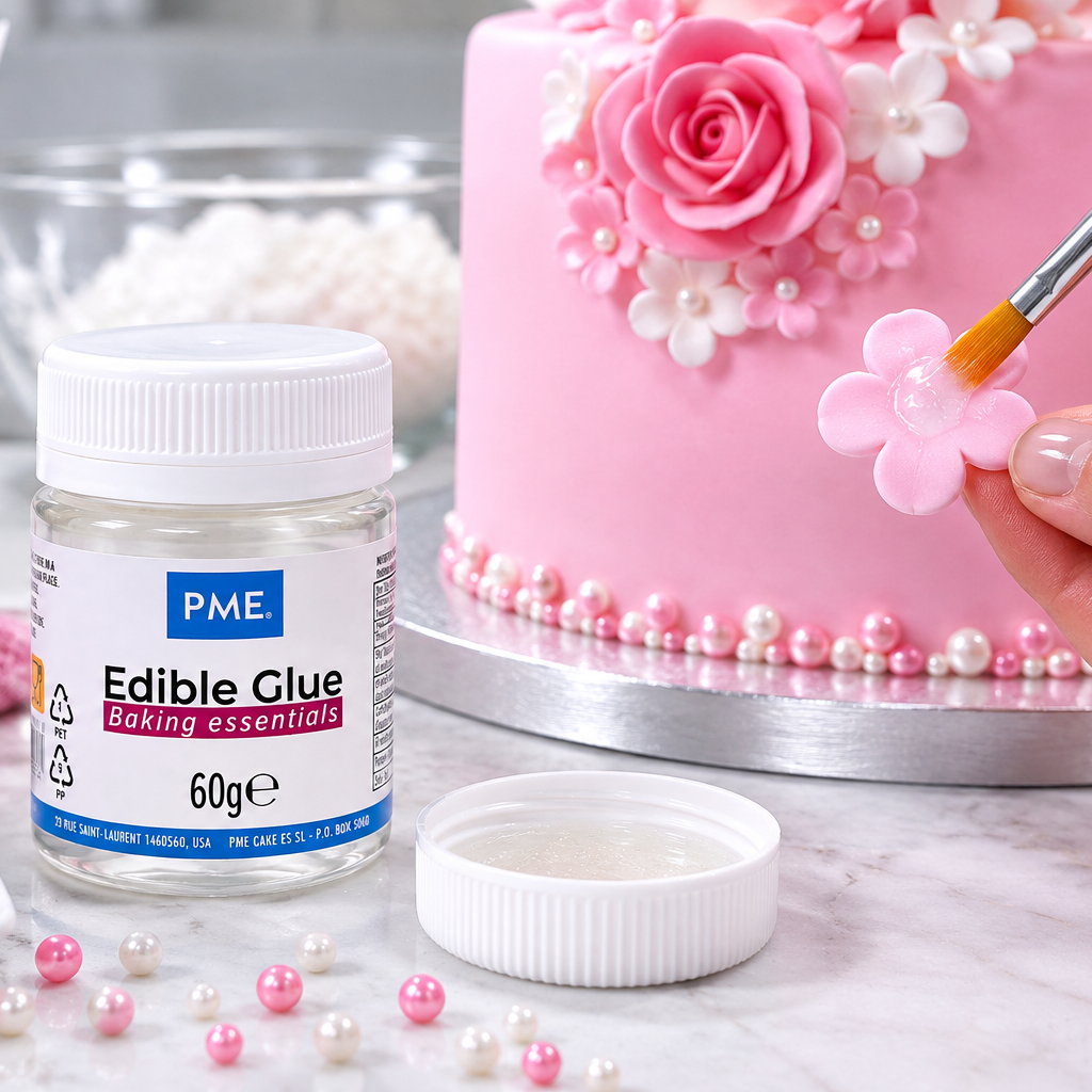 A jar of PME Edible Glue baking essentials sits on a marble surface next to a pink decorated cake, with a hand holding a paintbrush applying edible flower decorations.