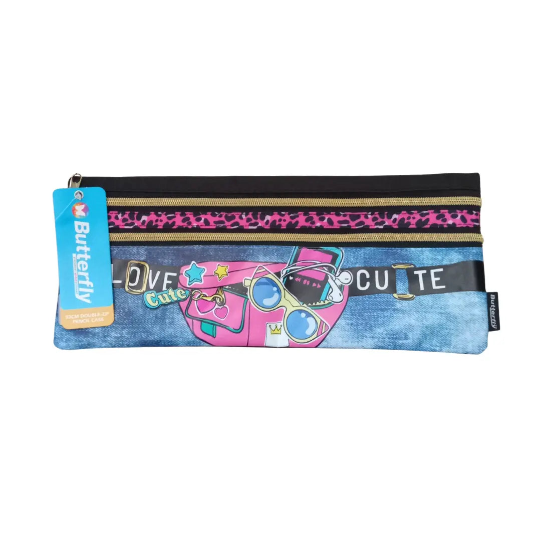 Butterfly Pencil Case - Cute Love, Double Zipper, (33cm) BUTTERFLY