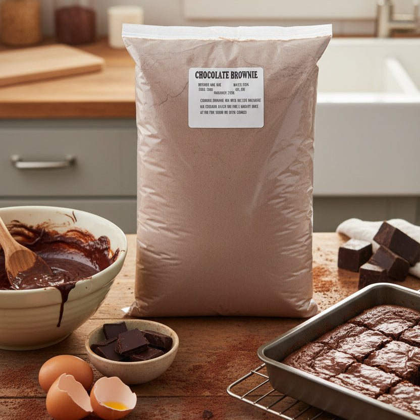 Bag of chocolate brownie mix with a label on a white background