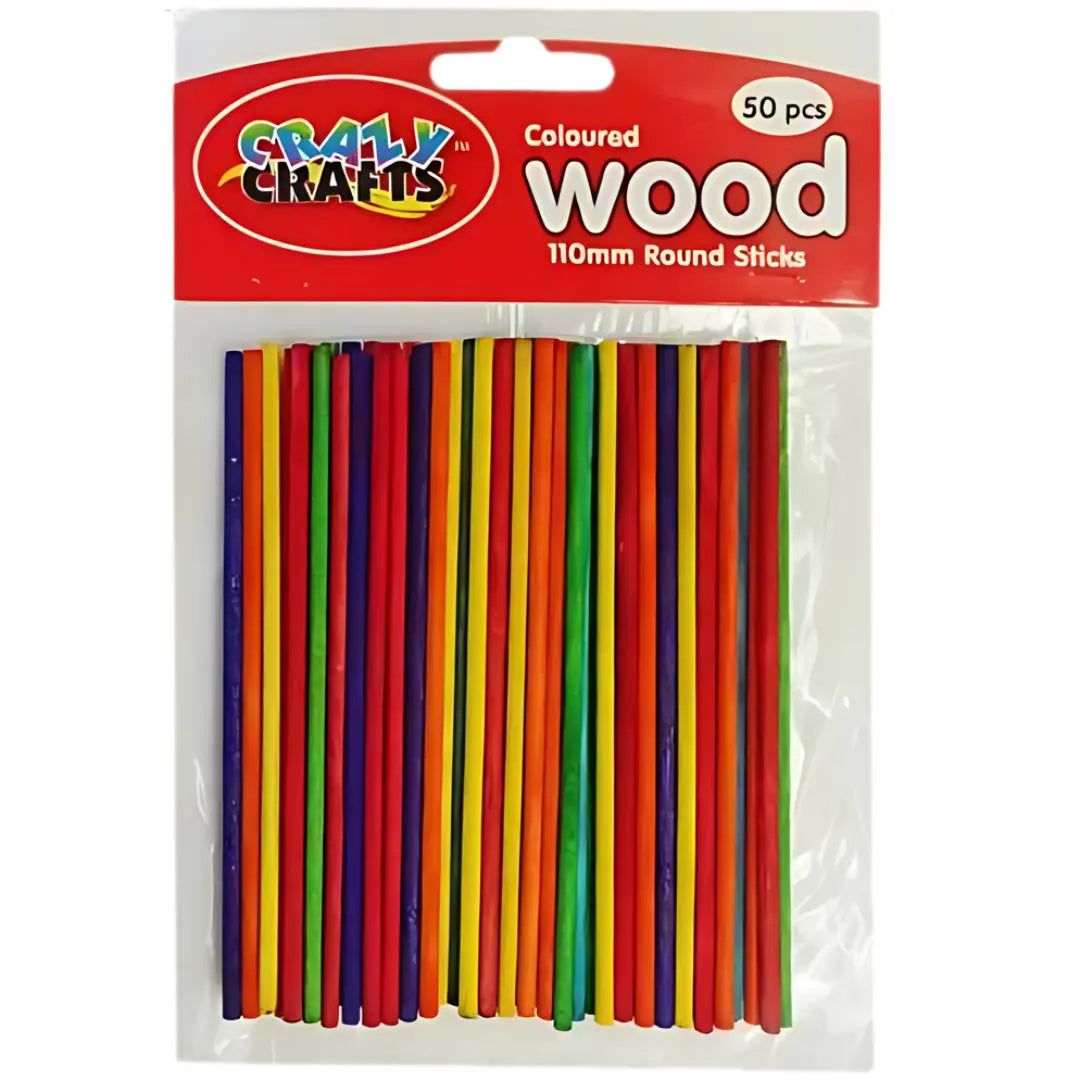Crazy Craft Wood Sticks - Round, Coloured, 110mm, 50s Crazy Crafts
