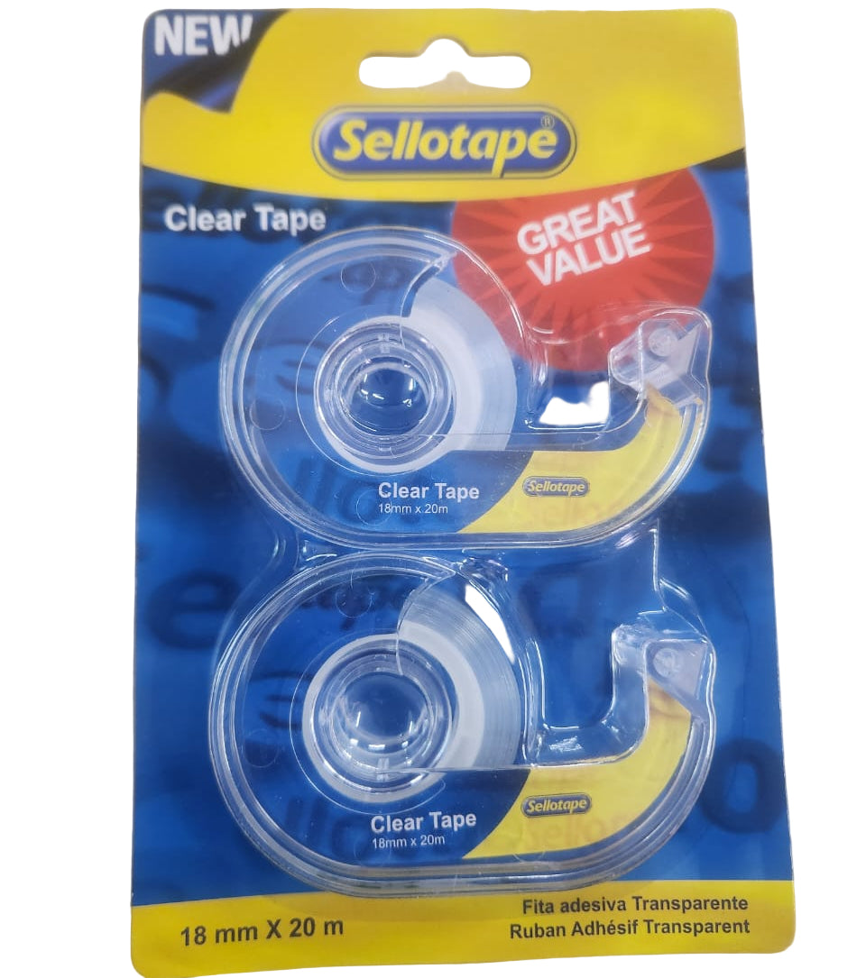 Sellotape clear tape with two rolls in packaging on a wooden surface