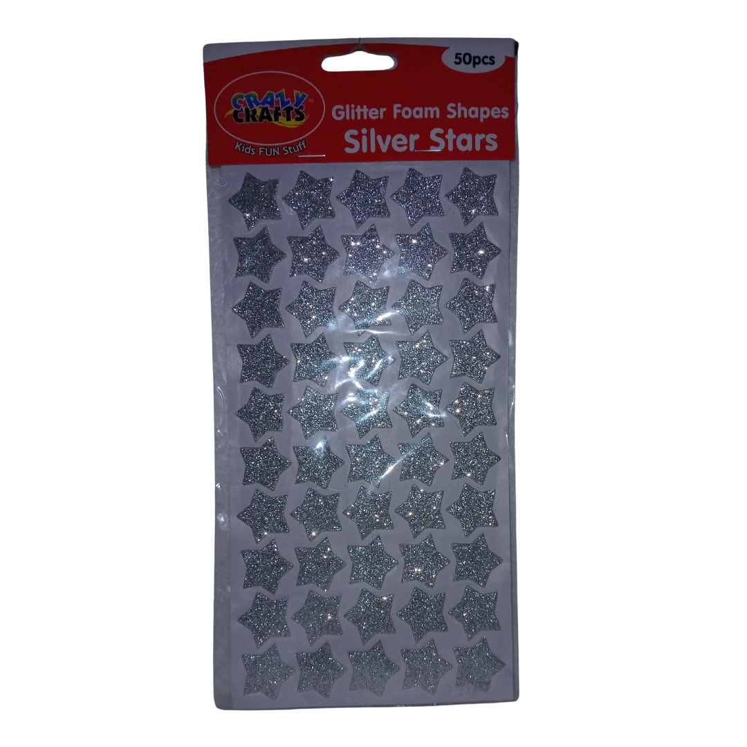 Crazy Craft Glitter Foam Shapes - Silver Stars, 50pcs