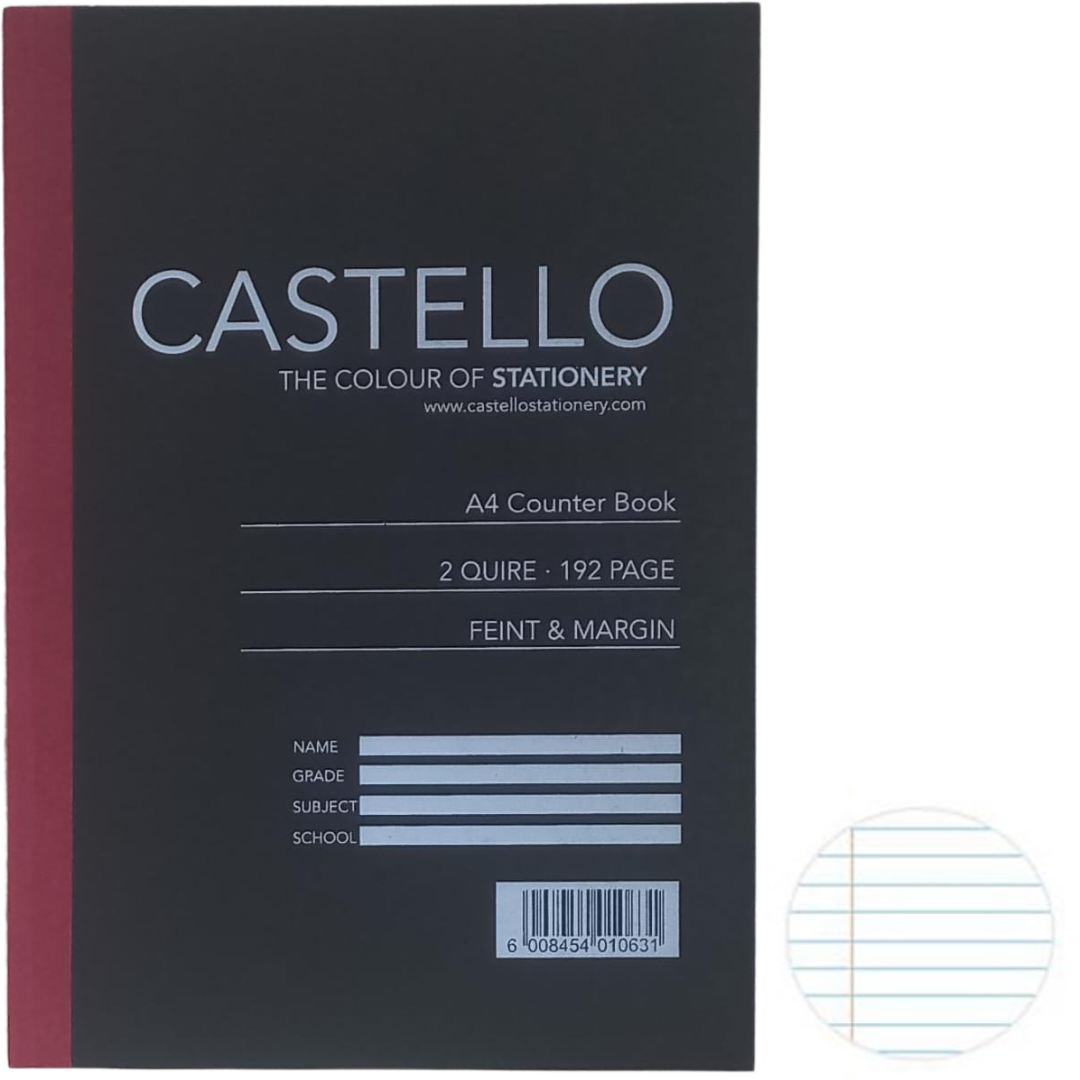 A4 Hardcover 2 Quire Feint And Margin 192 Pages, Castello