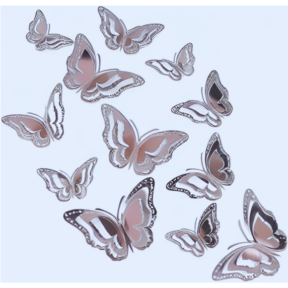 3D Butterfly Decorations - Silver, 12pc