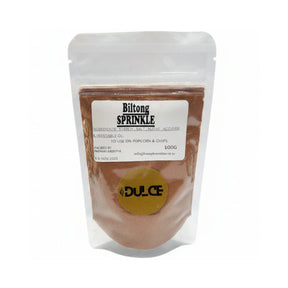 Packaged biltong sprinkle with 'Dulce' branding on a white background