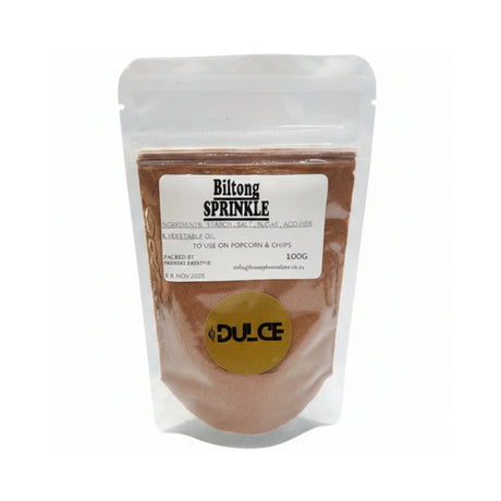 Packaged biltong sprinkle with 'Dulce' branding on a white background