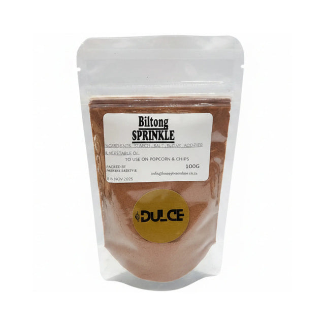 Packaged biltong sprinkle with 'Dulce' branding on a white background