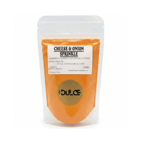 Packaged cheese and onion sprinkle with Dulce branding on a white background