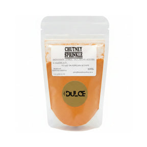 Packaged chutney sprinkle with Dulce branding on a white background