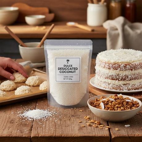 Packaged desiccated coconut with a label on a white background
