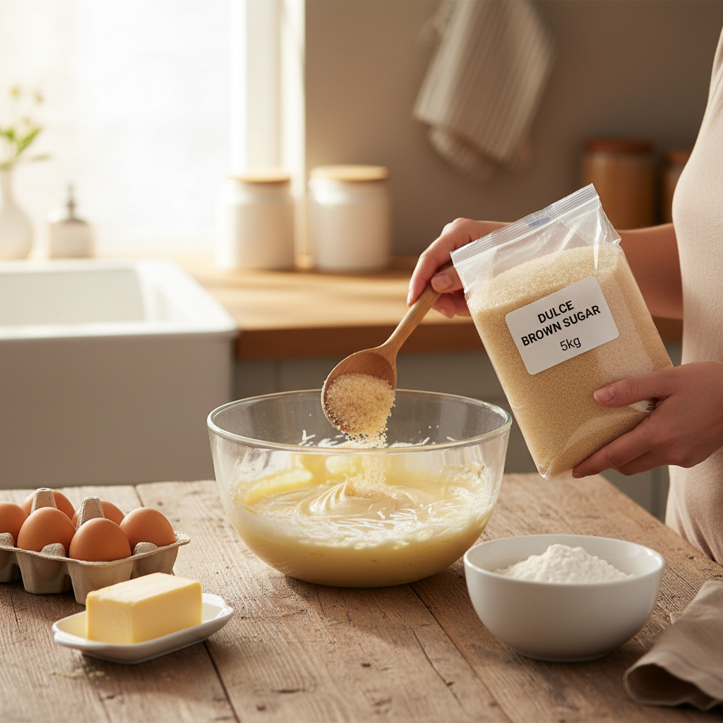 Bag of Dulce brown sugar with a clear cover on a white background