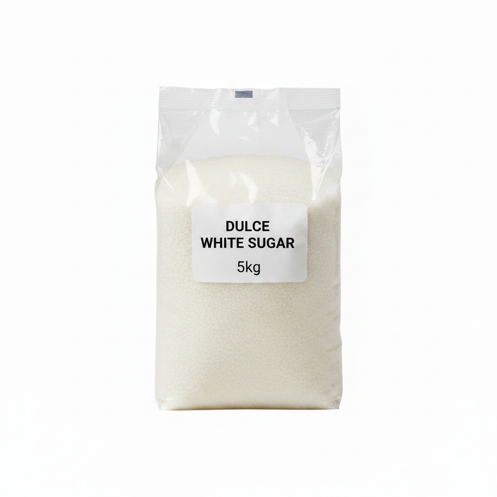 Bag of Dulce White Sugar with a label indicating weight on a white background