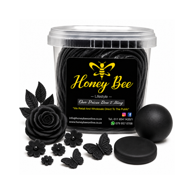 A clear plastic tub of Honey Bee black wax melts or wax melts packaging, shown with decorative black wax pieces including a rose, flowers, butterflies, a ball, and a lid on a white background.