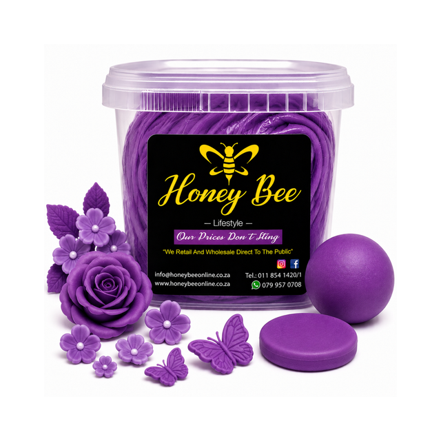 A clear plastic tub filled with purple wax melts, labeled 'Honey Bee Lifestyle', shown with purple wax flower and butterfly decorations and a round purple lid on a white background.