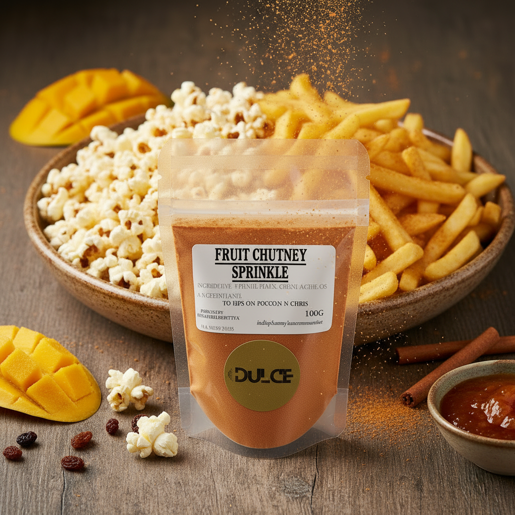 Packaged fruit chutney sprinkle with mangoes, apricots, and cinnamon on a wooden surface