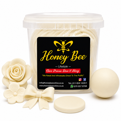 A clear plastic tub filled with cream-colored wax melts or beeswax products, with a black and yellow Honey Bee label. Surrounding the tub are decorative wax melts shaped like a rose, flower, bow, and a round disc, all on a clean white background.