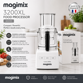 A white Magimix 3200XL food processor shown on a light kitchen counter beside its retail box, with product features and branding text overlaid on the image.
