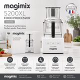 Magimix 5200XL food processor in white, shown with its lid open and accompanied by product features icons and a 'Made in France' badge on a styled kitchen background.