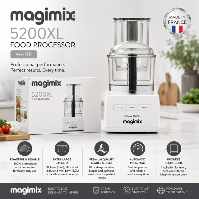 Magimix 5200XL food processor in white, shown with its lid open and accompanied by product features icons and a 'Made in France' badge on a styled kitchen background.