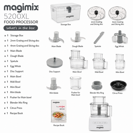 Magimix 5200XL food processor bundle kit showing the main white food processor with multiple clear and black accessories arranged on a white background, plus a text list of what's included.