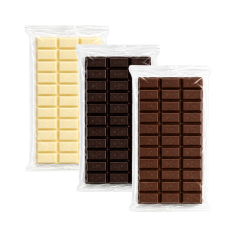 Three packaged orley chocolate bars in clear plastic bags, arranged overlapping on a white background: a light cream white chocolate bar, a dark chocolate bar, and a medium milk chocolate bar.