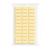 A packaged bar of pale yellow chocolate in a clear plastic bag, centered on a plain white background.
