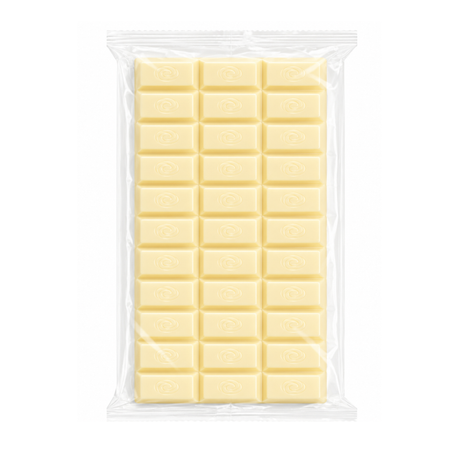 A packaged bar of pale yellow chocolate in a clear plastic bag, centered on a plain white background.