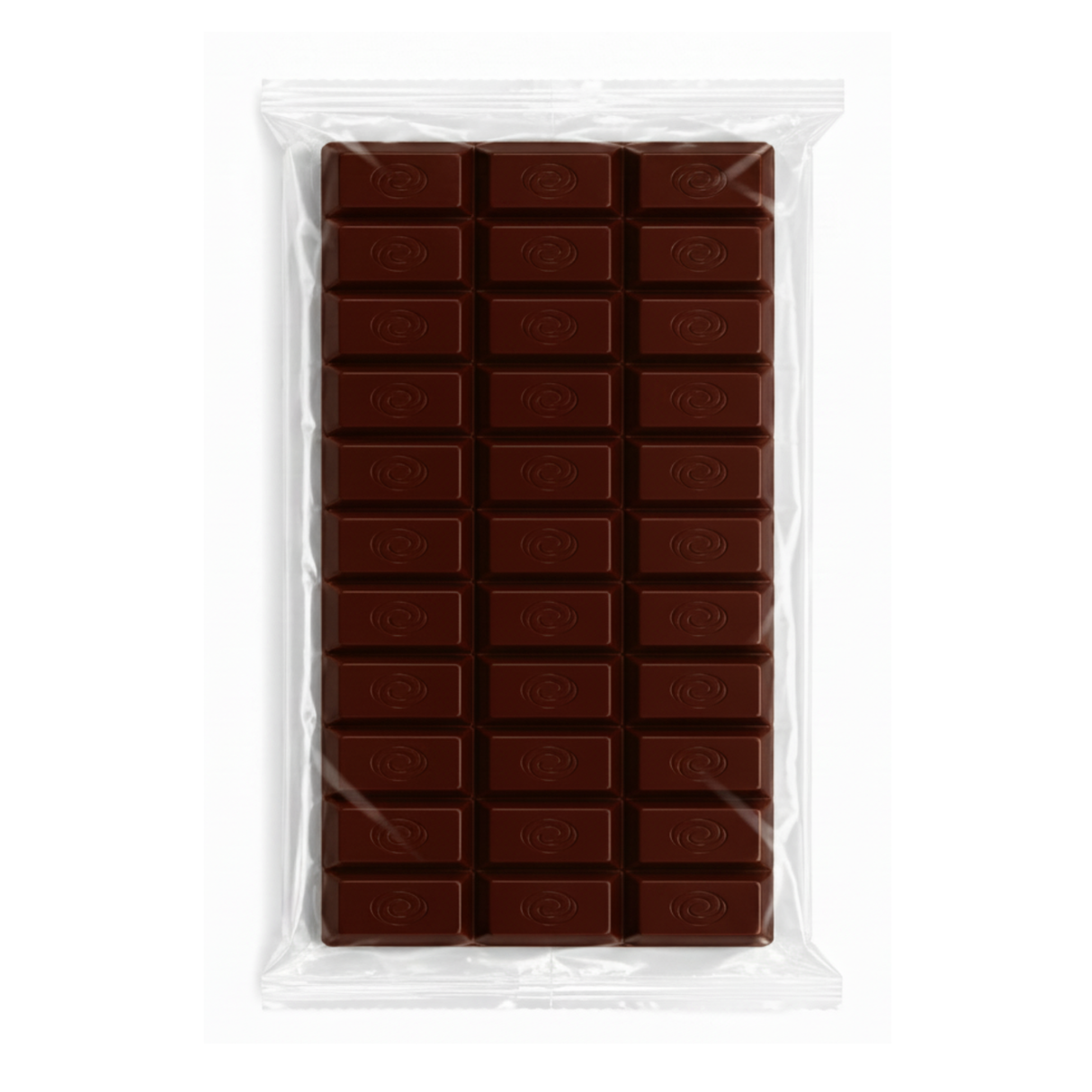 A 24-piece dark chocolate bar in a clear plastic bag, arranged in a grid pattern on a white background.