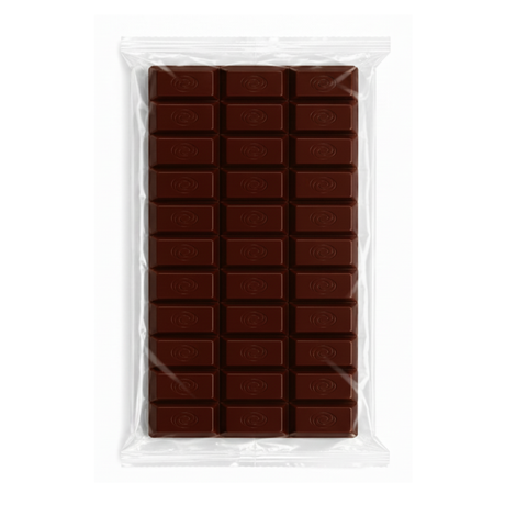 A 24-piece dark chocolate bar in a clear plastic bag, arranged in a grid pattern on a white background.