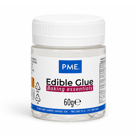 A 60g jar of PME Edible Glue for baking, featuring a white screw cap and a white label with blue and red branding on a clean white background.