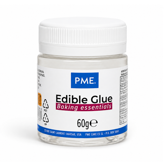A 60g jar of PME Edible Glue for baking, featuring a white screw cap and a white label with blue and red branding on a clean white background.
