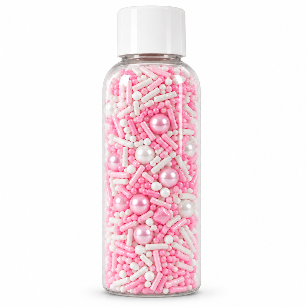 A clear plastic bottle filled with pink and white sprinkles, including sugar pearls and coated sticks, with a white cap, shown on a white background.