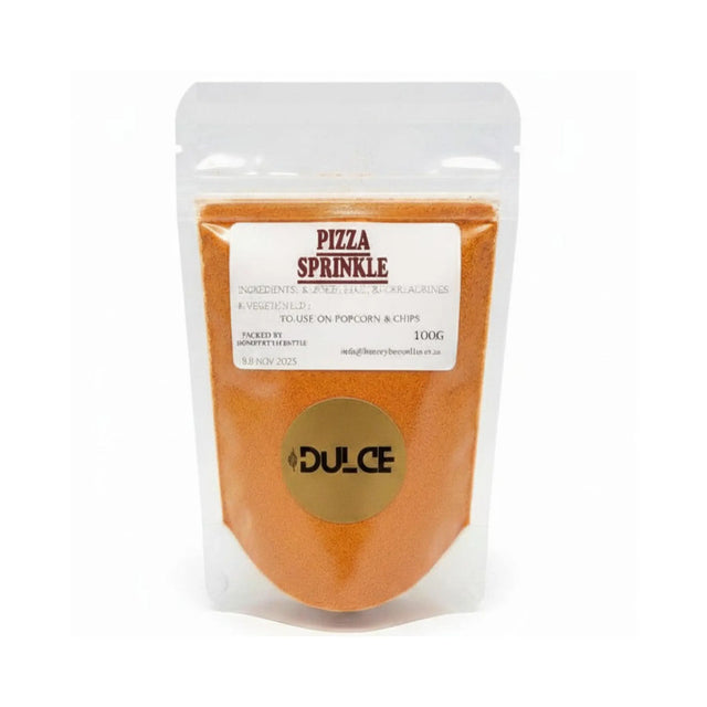 Packaged pizza sprinkle with Dulce branding on a white background
