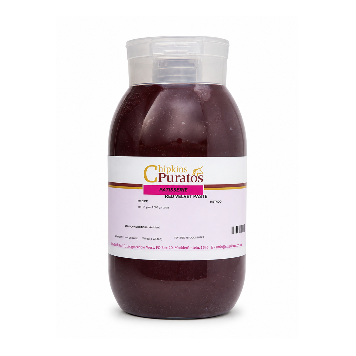 A bottle of Chipkins Puratos Red Velvet Paste, containing a deep red-purple paste, with a white label and clear cap, on a white background.