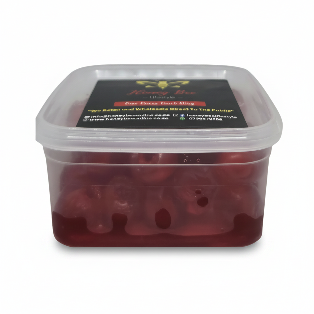 A clear plastic tub containing dark red wax melts, with a black label on top reading Honey Bee Wax melts.